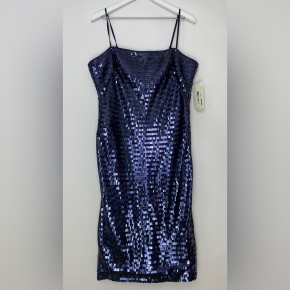 NWT Eliza J Square Neck Sequin Sheath Dress Navy Blue Size 14 - Picture 2 of 8